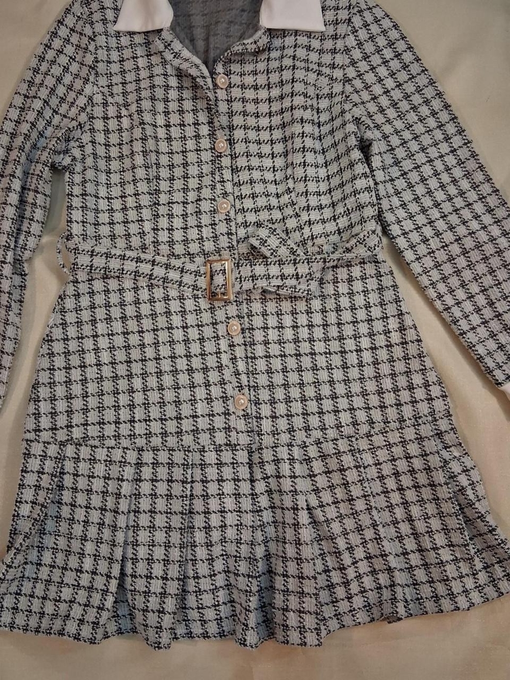 Plaid Long-Sleeve Belted Girl Dress in Cream & Black